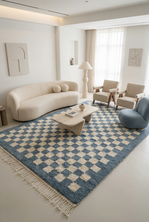Berber Blue Checkered Moroccan Rug - Custom Living Room Area Beni Ourain Rugs