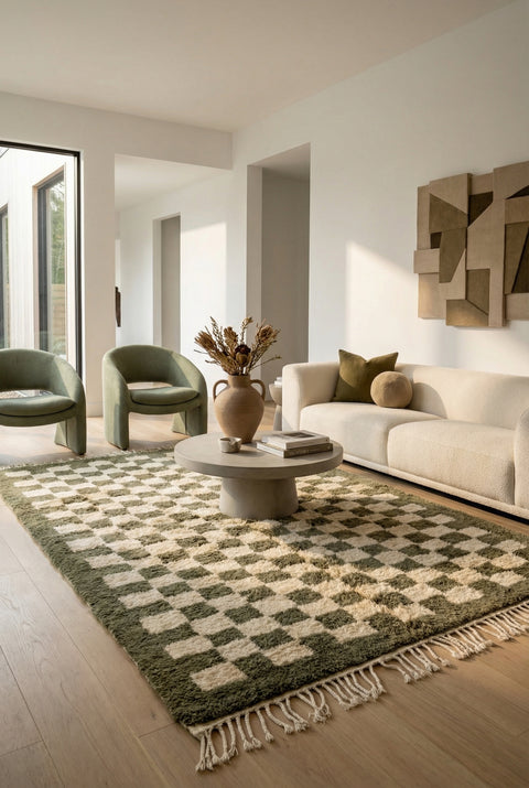 Olive Green Checkered Moroccan Rug - Handmade Custom Wool Area Beni Ourain Rugs