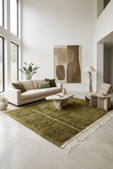 Olive Green Moroccan Rug - Handmade Custom Wool Tufted Area Beni Ourain Rugs