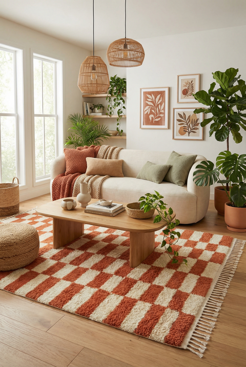 Checkered Terracotta Moroccan Rug - Custom Living Room Area Beni Ourain Rugs