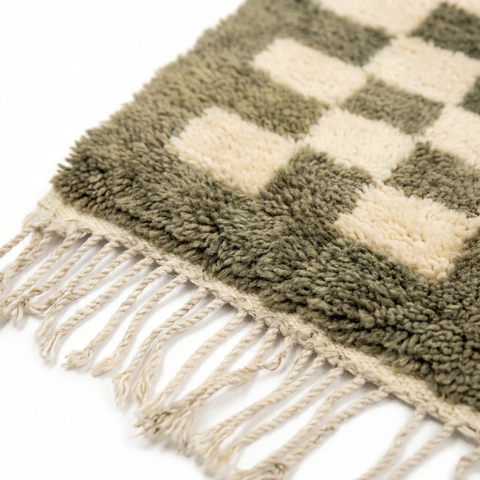 Olive Green Checkered Moroccan Rug - Handmade Custom Wool Area Beni Ourain Rugs