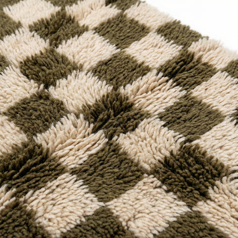 Olive Green Checkered Moroccan Rug - Handmade Custom Wool Area Beni Ourain Rugs