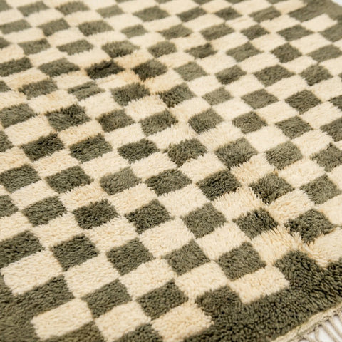 Olive Green Checkered Moroccan Rug - Handmade Custom Wool Area Beni Ourain Rugs