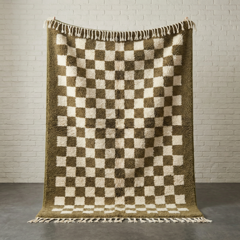 Olive Green Checkered Moroccan Rug - Handmade Custom Wool Area Beni Ourain Rugs