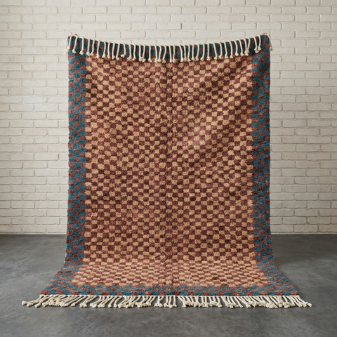 Authentic Burgundy Checkered Handmade Moroccan Rug - Custom Living Room Area Beni Ourain Rugs