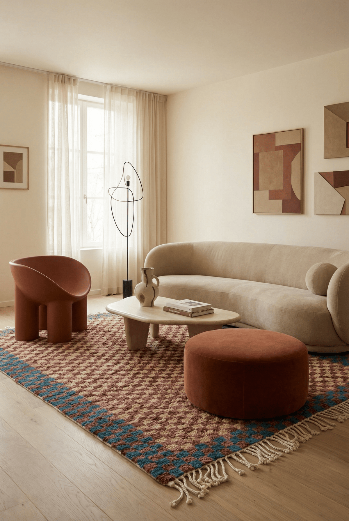 Lifestyle view of the burgundy checkered rug in a natural setting with furniture.