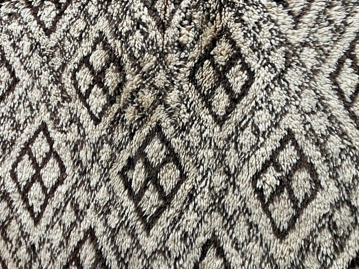 Close-up detail of the edge of a beige and black rug showcasing geometric patterns and a fringed edge.