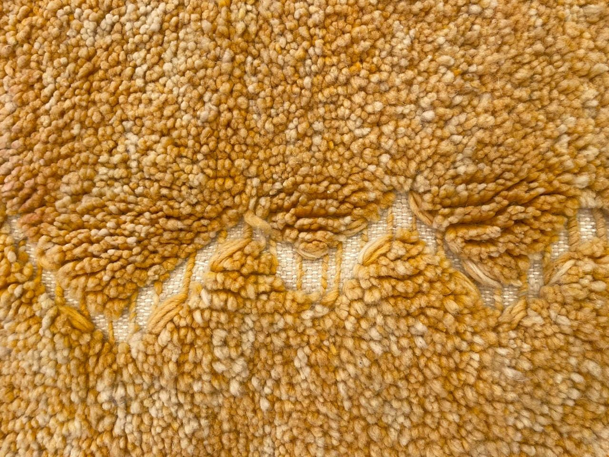 Detail shot of a yellow rug emphasizing its textured surface and soft fibers.