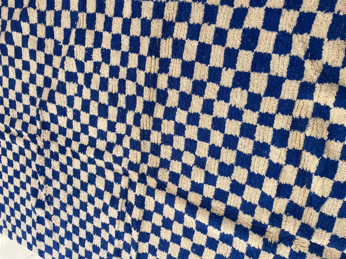 Detail view of a checkered rug emphasizing its blue and beige pattern.
