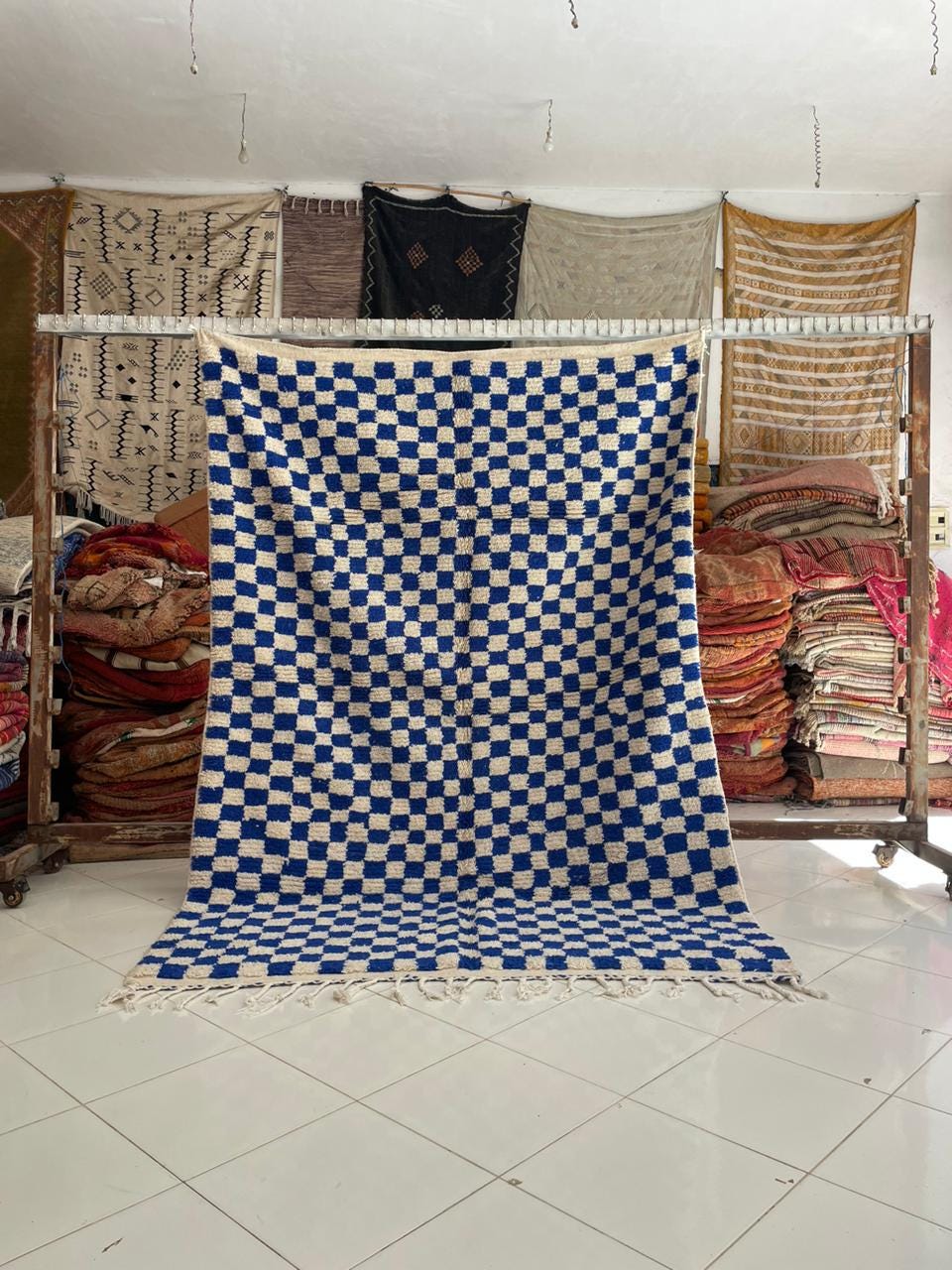 Lifestyle shot of a checkered blue rug with fringe edges on a natural background.