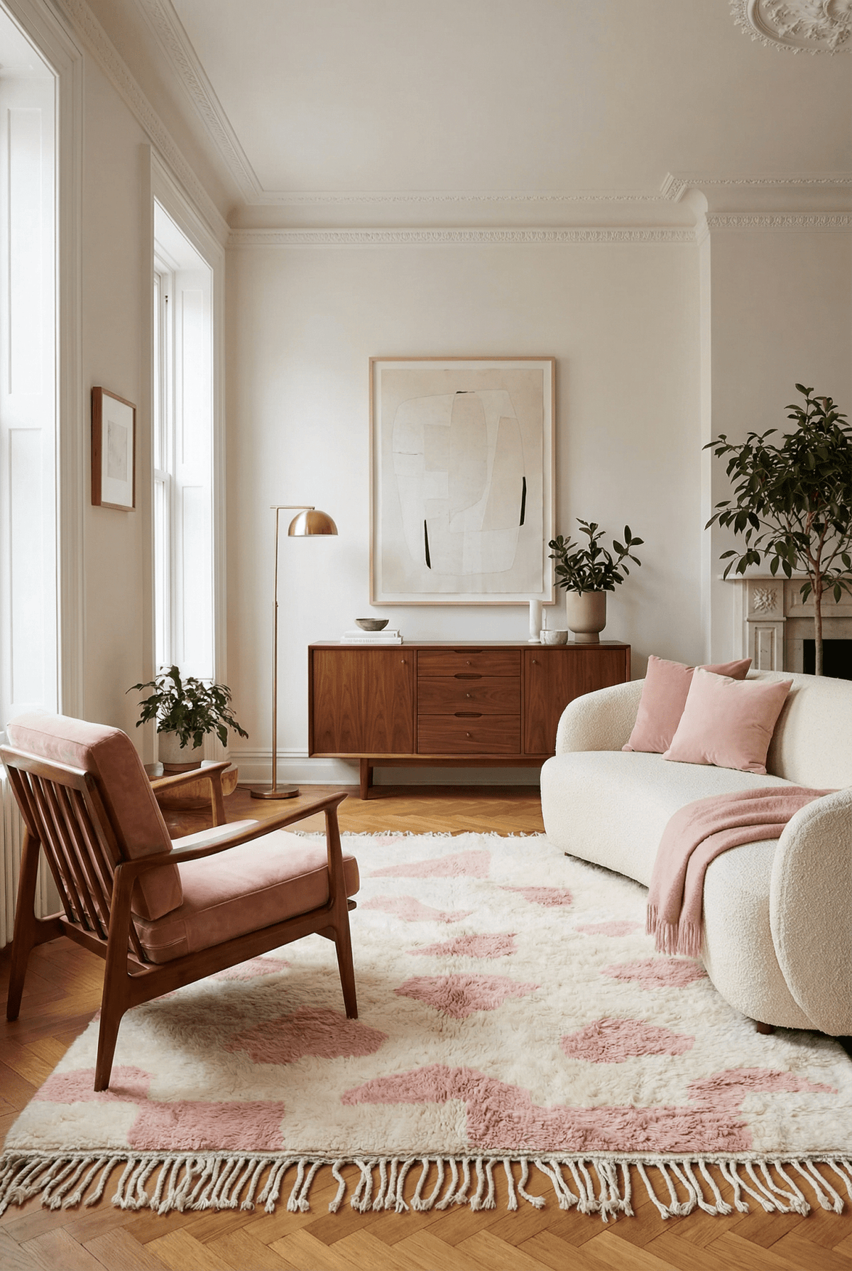 Lifestyle image featuring a baby pink Moroccan rug in a living room with wooden furniture.