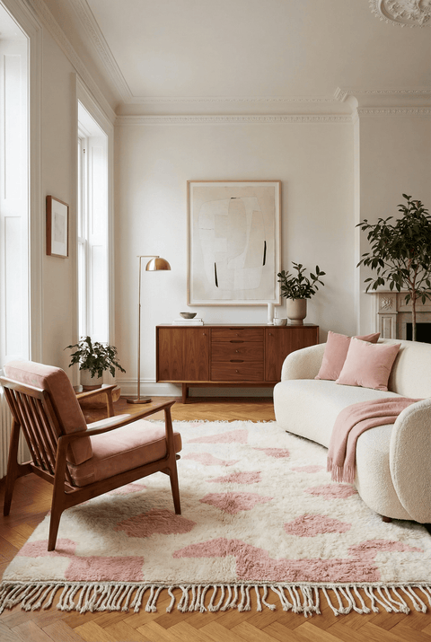 Lifestyle image featuring a baby pink Moroccan rug in a living room with wooden furniture.
