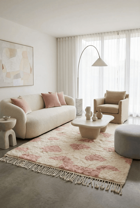 Lifestyle shot of a baby pink Moroccan rug in a modern living room setting with large windows.