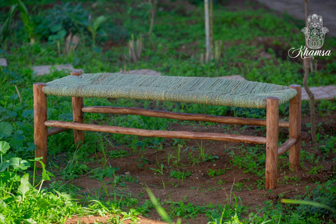 Banc marocain en bois massif et tissage naturel - Africancreates