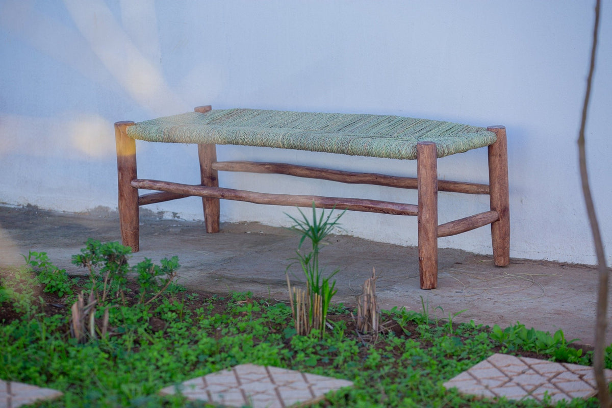 Banc marocain en bois massif et tissage naturel - Africancreates