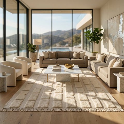 Lifestyle shot of a spacious living room featuring a beige Moroccan rug with natural light.