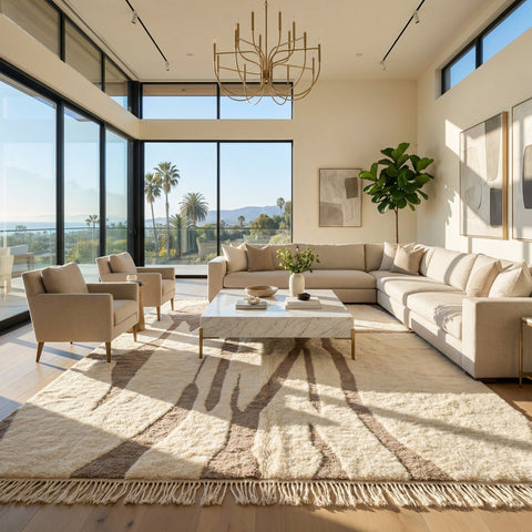 Detail view of the fringe edge and woven pattern of the beige taupe modern Moroccan rug.