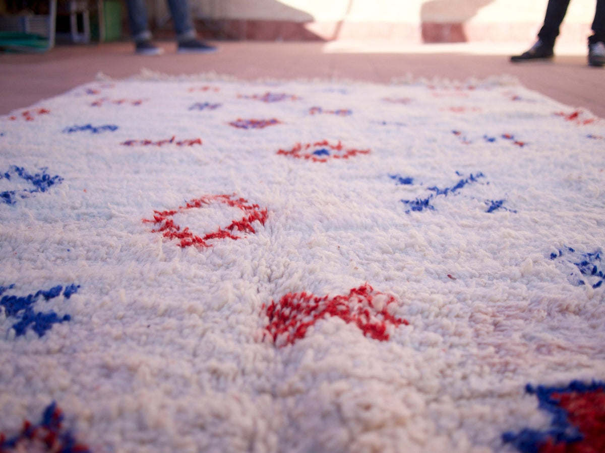 Lifestyle shot of a multicolor Beni Ourain rug with fringe edges displayed on a natural background.