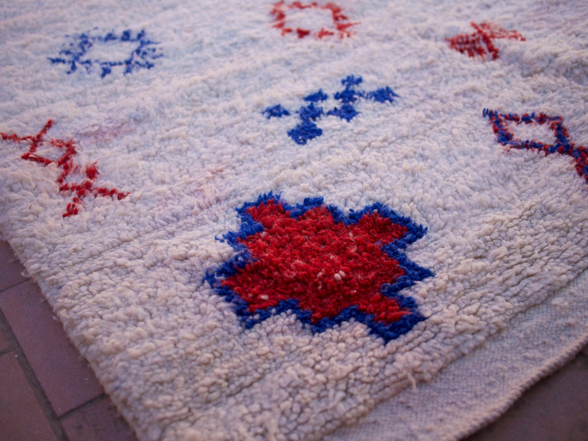 Close-up detail of a vibrant multicolor Beni Ourain rug with geometric patterns.