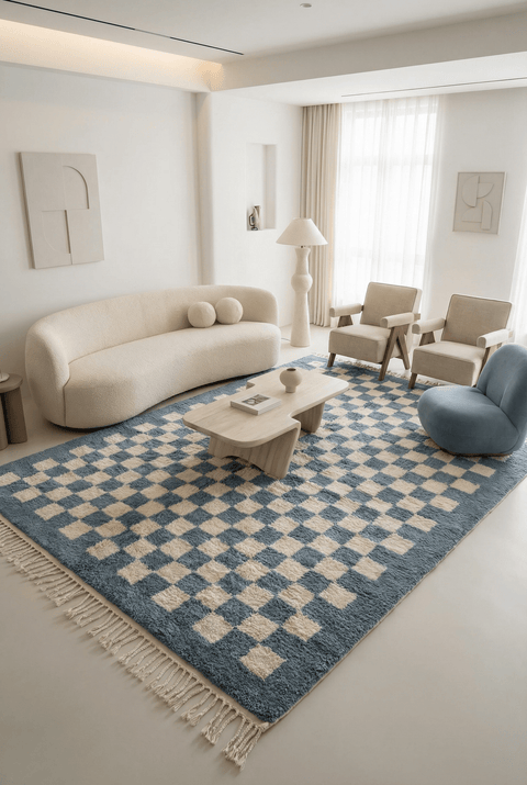Lifestyle view of the blue checkered rug in a minimalist decor setting.
