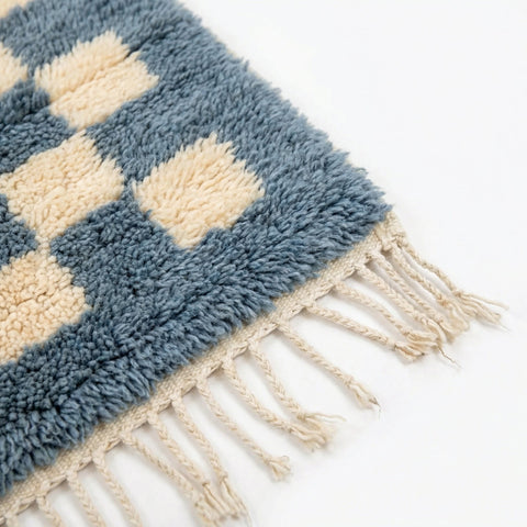 Lifestyle shot of the blue checkered rug with fringe edges in a natural setting.