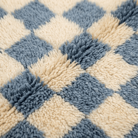 Close-up detail of the blue checkered rug showcasing its pattern and fringe edges on a white background.