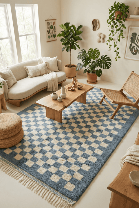 Lifestyle shot of the blue checkered rug with wooden furniture in a natural background.