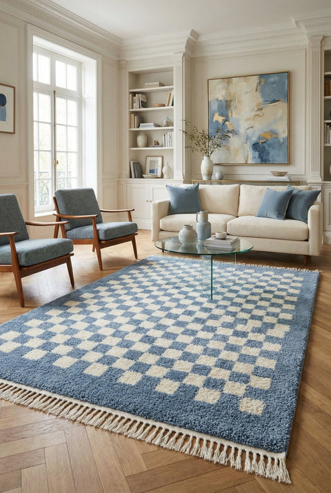 Lifestyle view of the blue checkered rug with fringe edges in a natural environment.