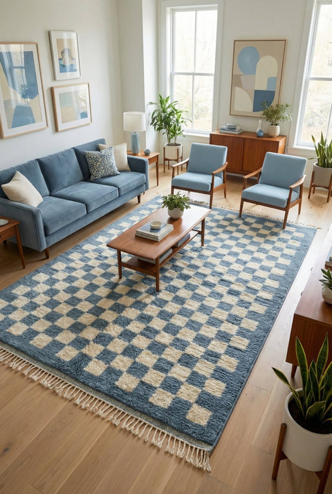 Lifestyle image of the blue checkered rug paired with a wooden coffee table in a natural setting.