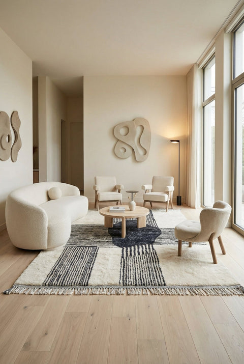 Lifestyle shot of a cozy living room featuring a black and white Moroccan rug.