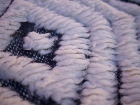 Close-up detail of a swirling pattern and textured surface on a black and white rug.
