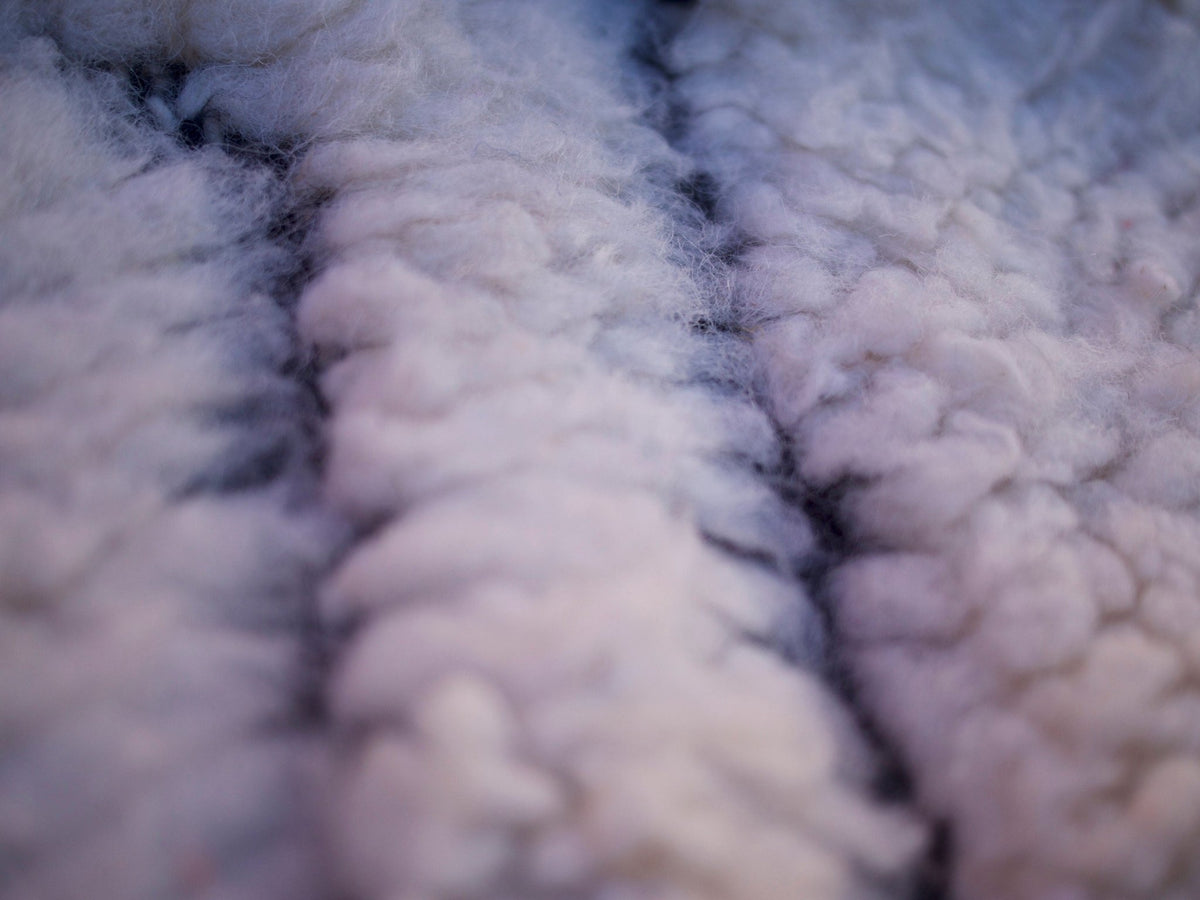Close-up detail of a striped pattern and fluffy texture on a black and white rug.