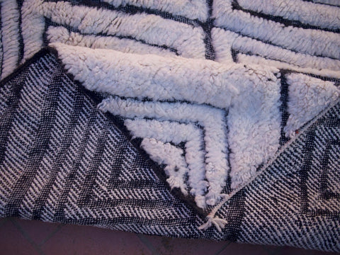 Close-up detail of a geometric pattern and soft texture on a black and white rug.
