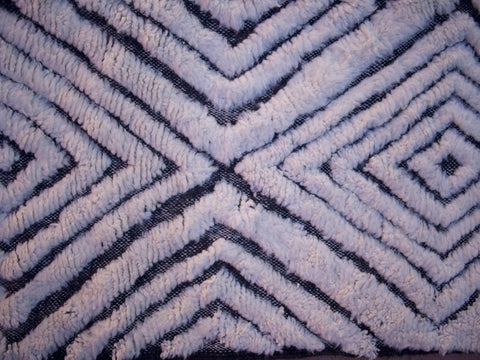 Close-up detail of a geometric pattern and textured surface on a black and white rug.