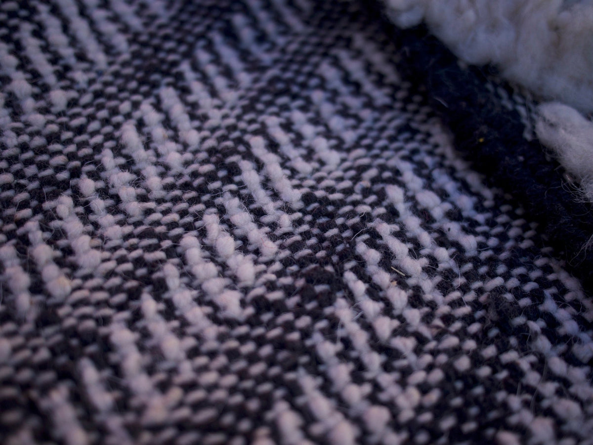 Close-up detail of a woven pattern and textured surface on a black and white rug.