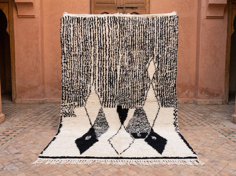 Black & Cream Scribble Field Lower Diamonds Custom Moroccan Rug - Africancreates