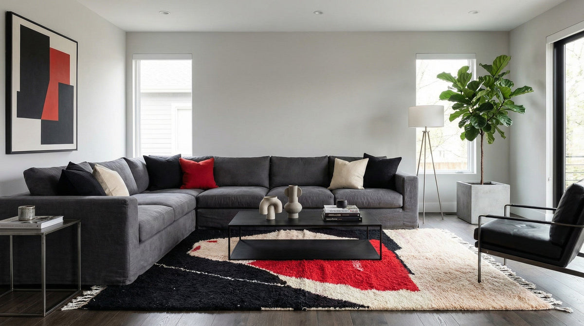 Black, Red & Cream Irregular Stacked Shapes Custom Moroccan Rug - Africancreates