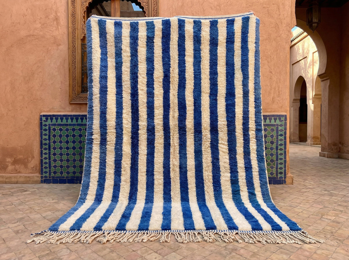 Blue & Cream Broad Vertical Stripes Custom Moroccan Rug - Africancreates