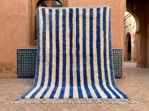 Blue & Cream Broad Vertical Stripes Custom Moroccan Rug - Africancreates