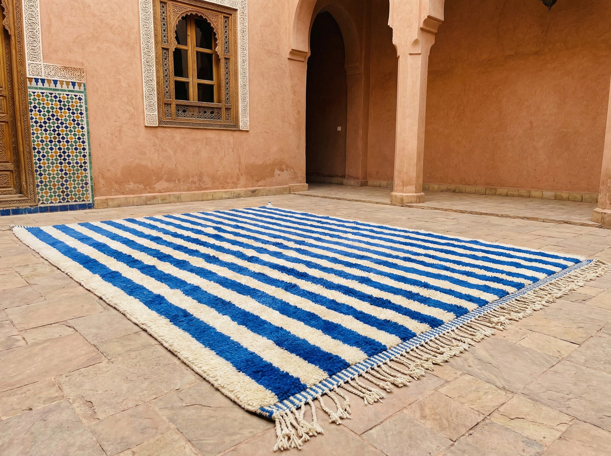 Blue & Cream Broad Vertical Stripes Custom Moroccan Rug - Africancreates