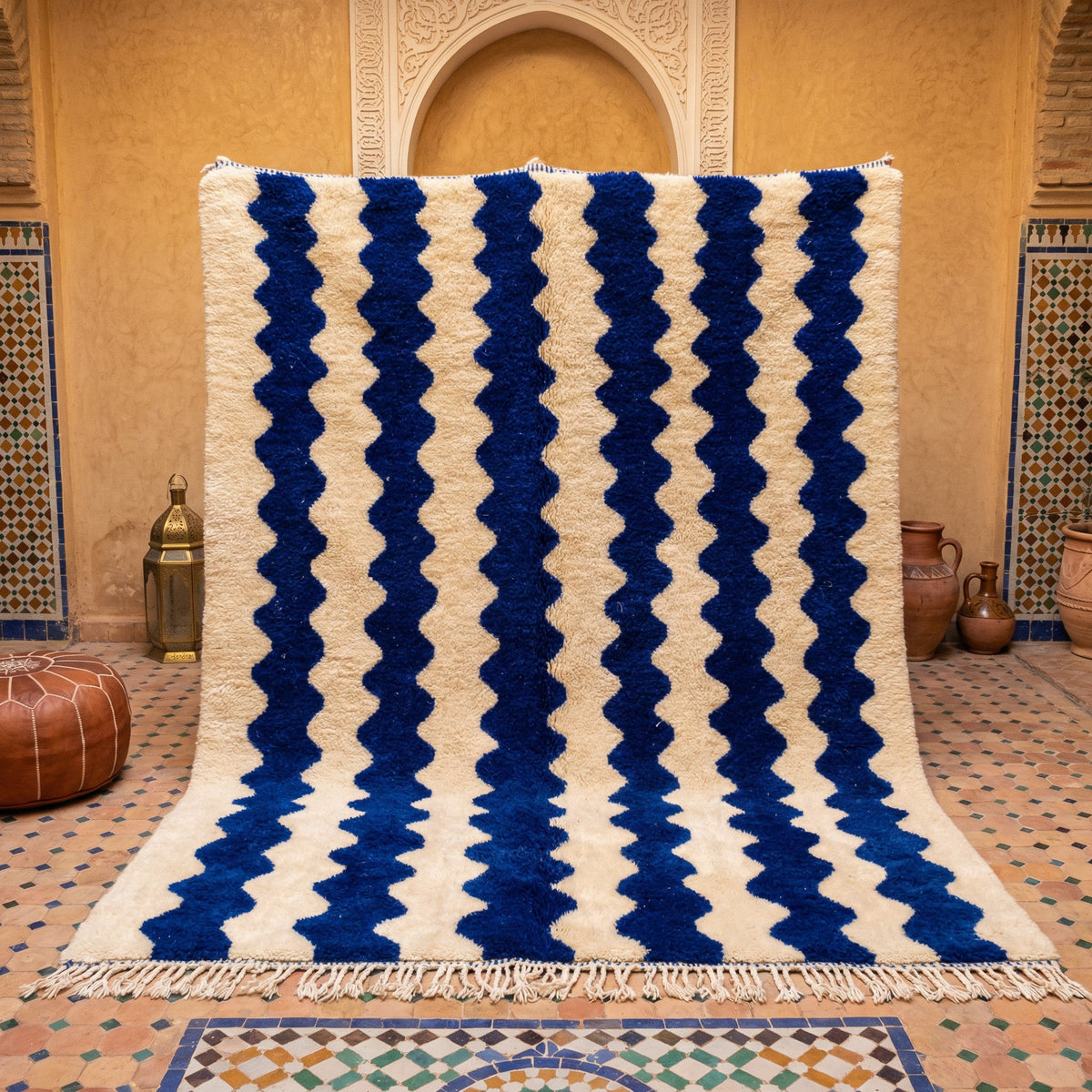 Blue & Cream Broad Wave Stripe Custom Moroccan Rug - Africancreates