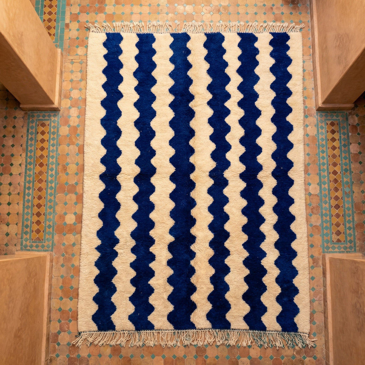 Blue & Cream Broad Wave Stripe Custom Moroccan Rug - Africancreates