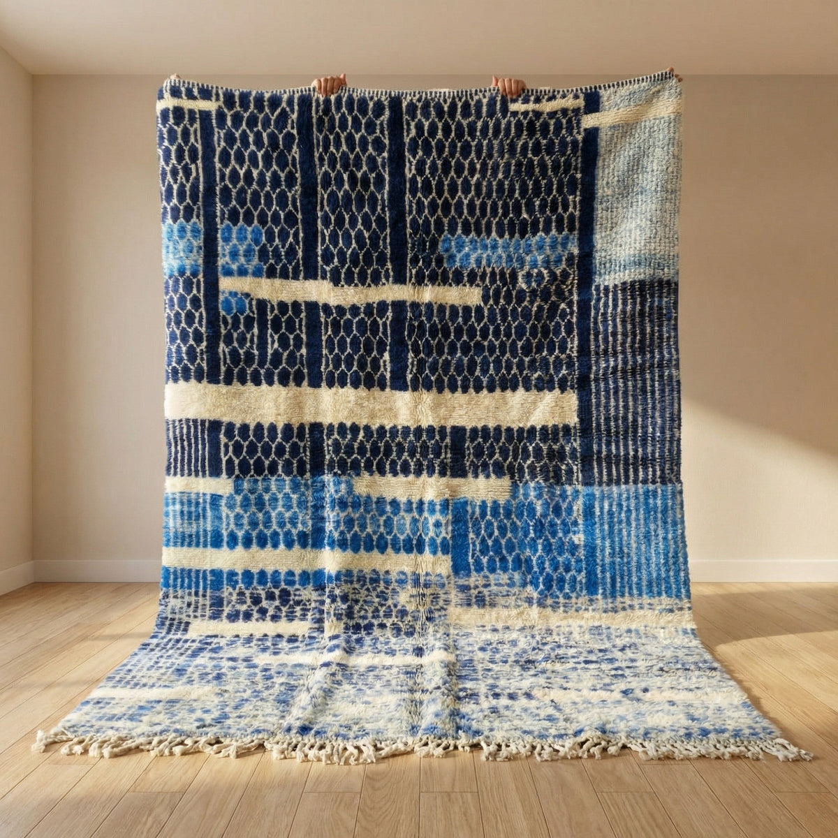 Blue & Cream Honeycomb Bands Custom Moroccan Rug - Africancreates