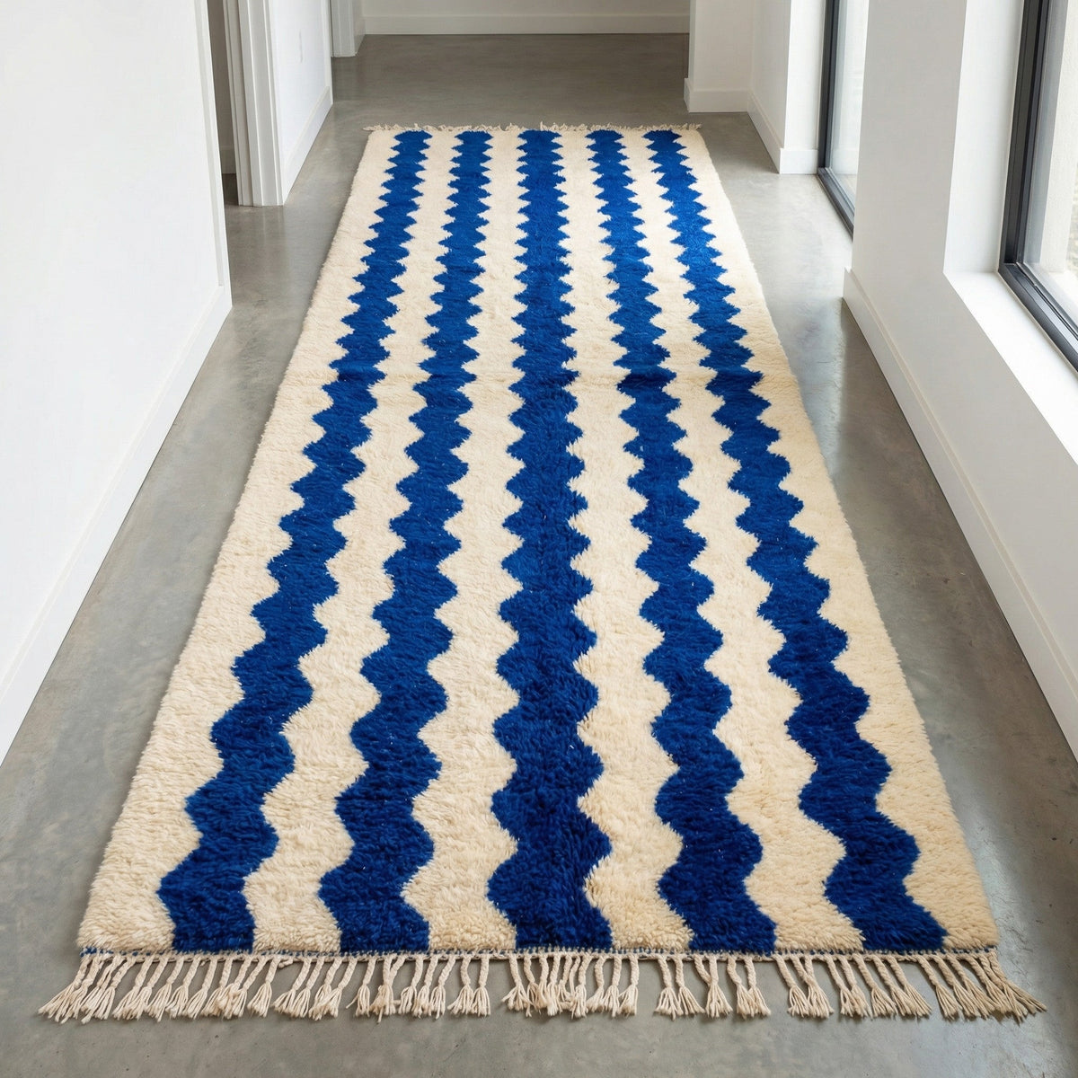 Blue & Cream Wave Stripe Runner Design Custom Moroccan Rug - Africancreates
