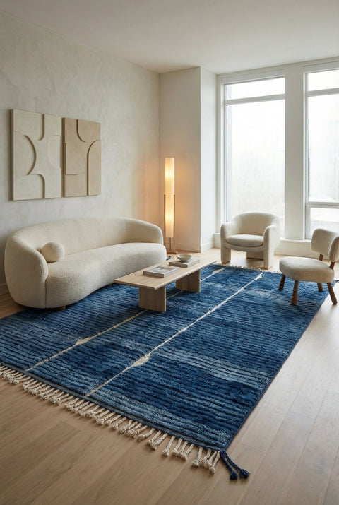 Lifestyle shot of a blue Moroccan rug with geometric patterns in a natural setting.