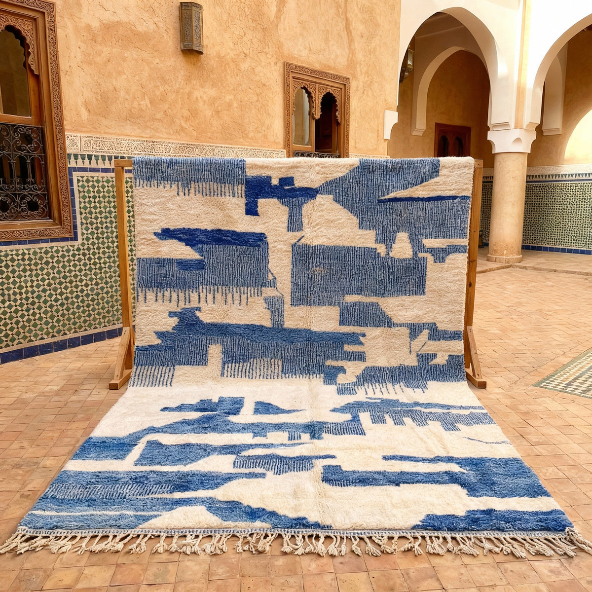 Blue & Ivory Abstract Block Field Custom Moroccan Rug - Africancreates