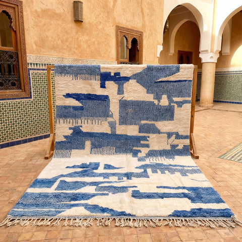 Blue & Ivory Abstract Block Field Custom Moroccan Rug - Africancreates