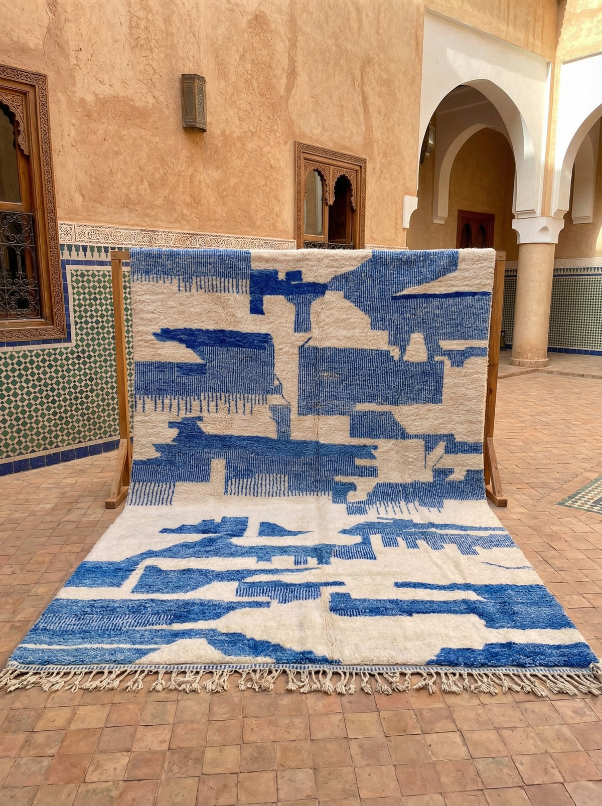 Blue & Ivory Abstract Block Field Custom Moroccan Rug - Africancreates