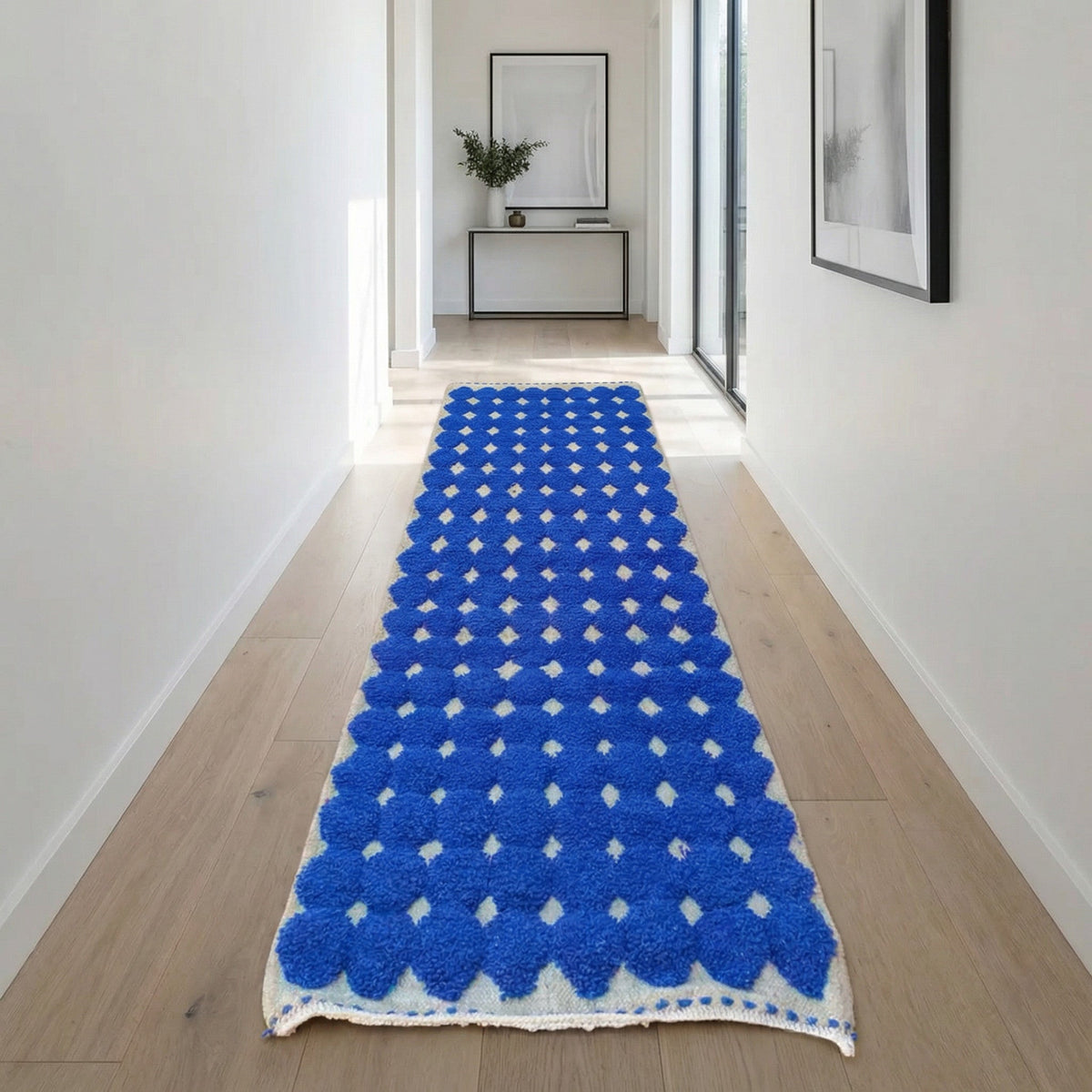 Blue & Ivory Raised Diamond Runner Design Custom Moroccan Rug - Africancreates