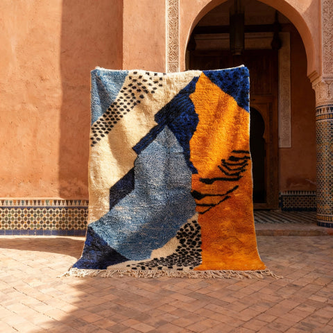 Blue, Ochre & Ivory Abstract Face Shapes Custom Moroccan Rug - Africancreates
